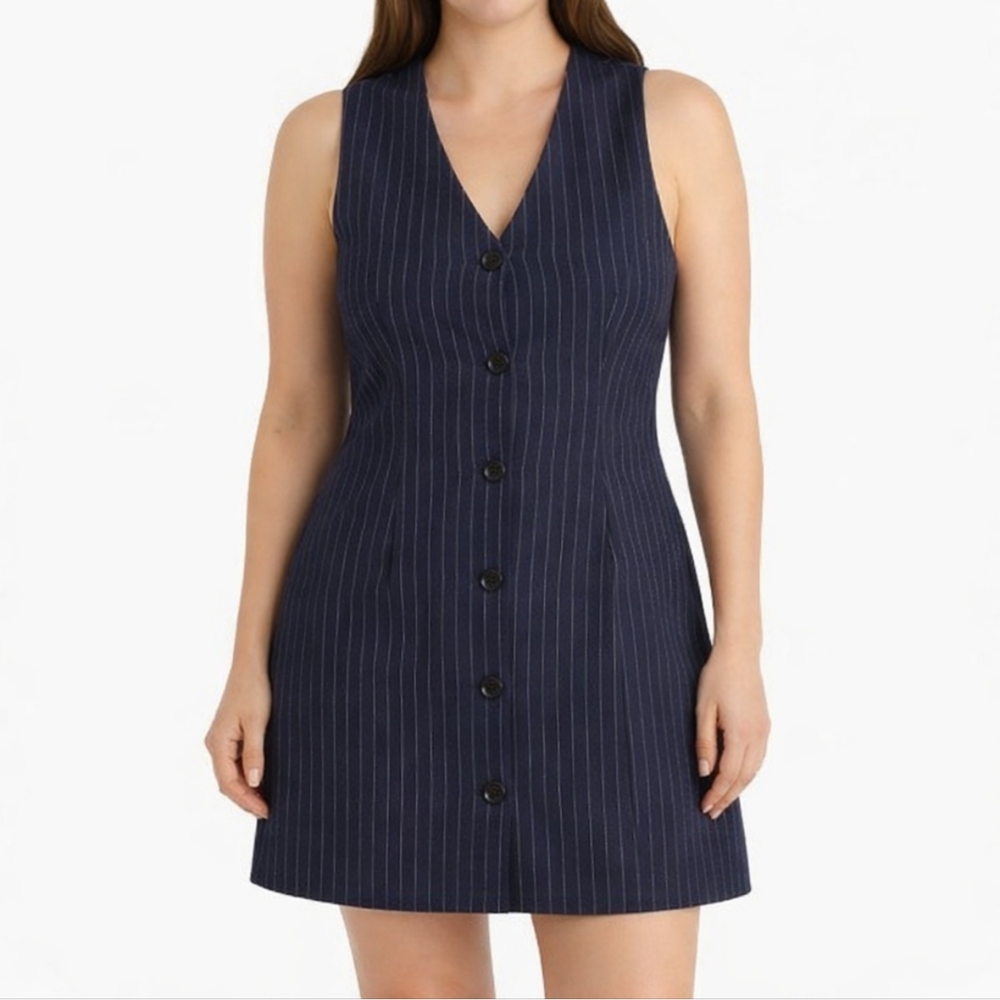 Steve Madden~NWT~Women Pinstripe Button Up Dress~Navy Blue~Office Siren~Prep~LRG